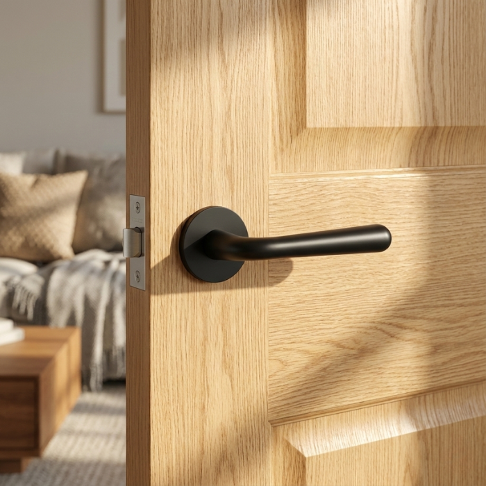 Irga - Matt Black Matt black Irga on Round Rosette, premium round internal door handle on a natural oak interior door.