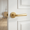 Matt gold Irga on Round Rosette, premium round internal door handle on a white panelled interior door.