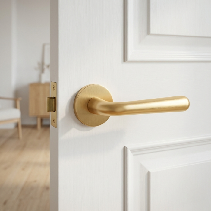 Irga - Matt Gold Matt gold Irga on Round Rosette, premium round internal door handle on a white panelled interior door.