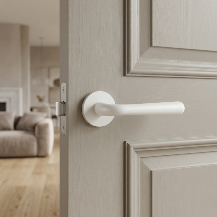 Irga - Matt White Matt white Irga on Round Rosette, premium round internal door handle paired with a soft grey interior door.