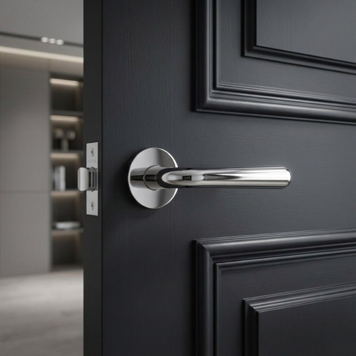 Irga - Polished Chrome Polished chrome Irga on Round Rosette, premium round internal door handle on a modern black interior door.