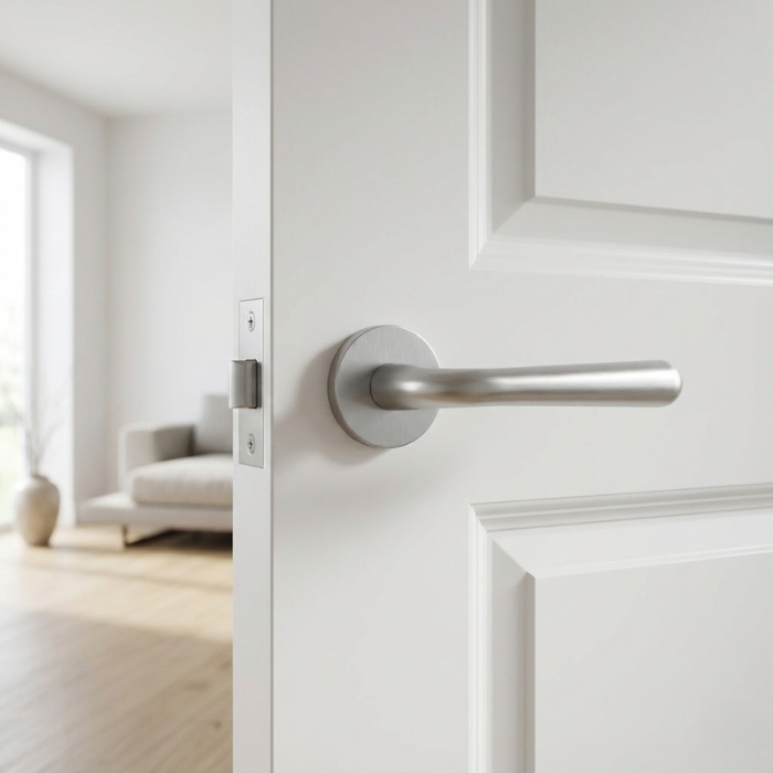 Irga - Satin Chrome Satin chrome Irga on Round Rosette, premium round internal door handle fitted to a white interior door.