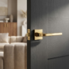 Ismena luxury square internal door handles in durable PVD gold, displayed on a dark painted door to emphasise the sleek square rosette design.