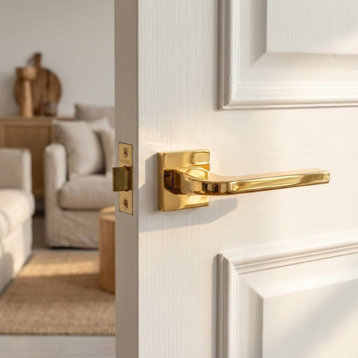 Ismena - Polished Gold Luxury square internal door handles in polished gold finish, featuring the Ismena lever on a square rosette for a refined, high-end interior style.