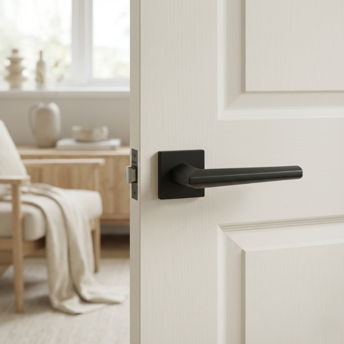 Jasmina - Matt Black Jasmina minimalist square internal door handles in matt black, displayed on a white internal door with clean panel detailing and a soft, neutral living room backdrop.
