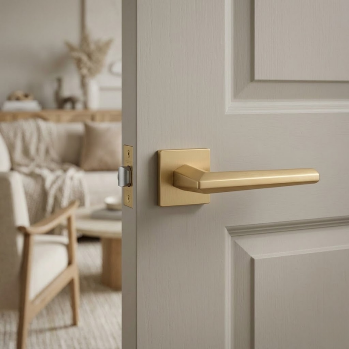 Jasmina - Matt Gold Minimalist square internal door handles in matt gold, showcasing the Jasmina lever on a square rosette against a pale grey internal door for a warm, contemporary finish.