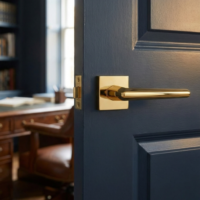 Jasmina - Polished Gold Jasmina on Square Rosette minimalist square internal door handles in polished gold, installed on a deep blue door to create a refined contrast in a modern home office setting.