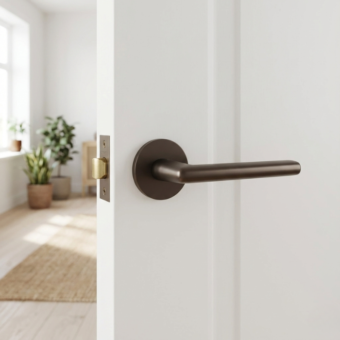 Kalmia - Brown Brown Kalmia on Round Rosette shown fitted to a white door, highlighting its sleek round internal door handle design in a modern, bright interior.