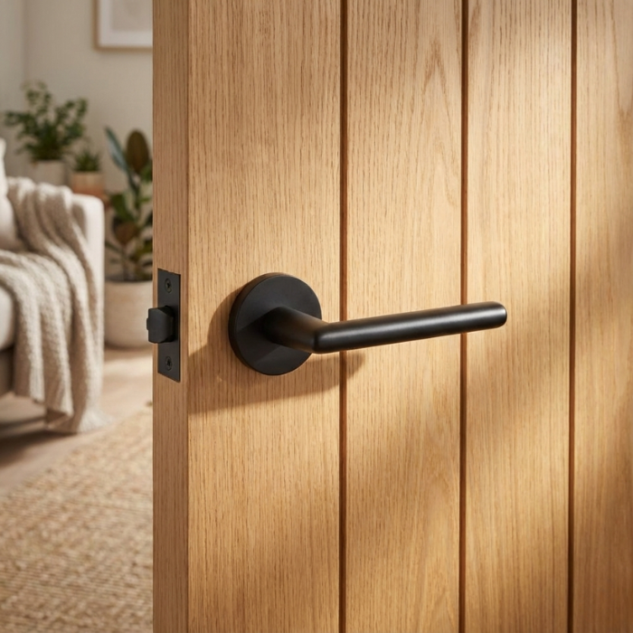 Kalmia - Matt Black Matt black Kalmia on Round Rosette displayed on an oak internal door, featuring the sleek round internal door handle style in a warm contemporary setting.