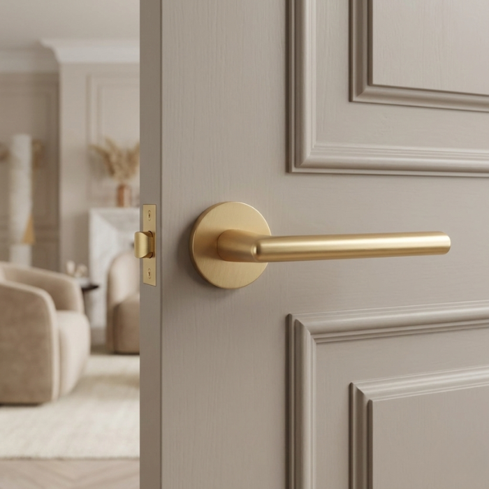 Kalmia - Matt Gold Matt gold Kalmia on Round Rosette installed on a taupe panelled door, showcasing the sleek round internal door handle design in an elegant living space.