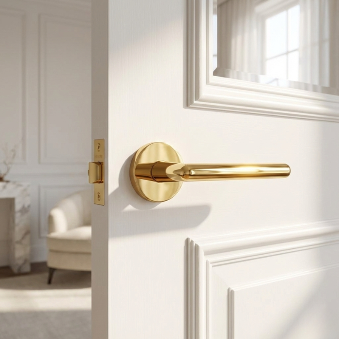Kalmia - PVD Gold PVD gold Kalmia on Round Rosette featured on a white internal door, highlighting its sleek round internal door handle style in a luxurious modern setting.