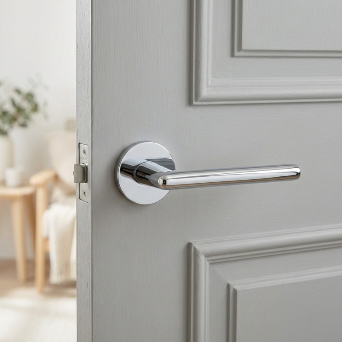 Kalmia - Polished Chrome Polished chrome Kalmia on Round Rosette on a grey panelled door, reflecting the sleek round internal door handle design in a bright, minimalist interior.