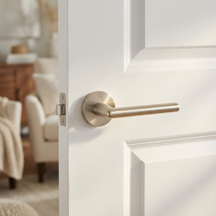 Kalmia - Satin Nickel Satin nickel Kalmia on Round Rosette displayed on a white panelled door, showcasing the sleek round internal door handle design in a soft modern interior.