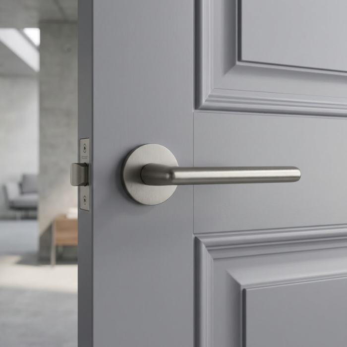 Kalmia - Titanium Titanium Kalmia on Round Rosette fitted to a grey panelled door, emphasising the sleek round internal door handle look in a stylish, modern living space.