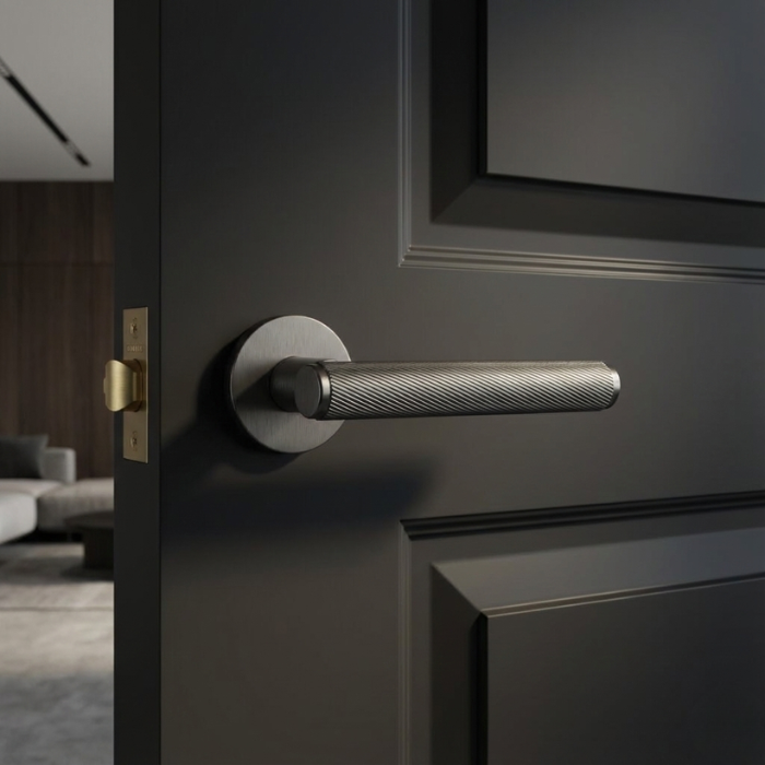 Kerria - Graphite Sleek internal door handles in a graphite finish, featuring the Kerria design on a round rosette fitted to a dark modern door.