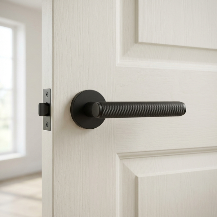 Kerria - Matt Black Sleek internal door handles in a matt black finish, showcasing the Kerria handle on a round rosette against a white internal door.
