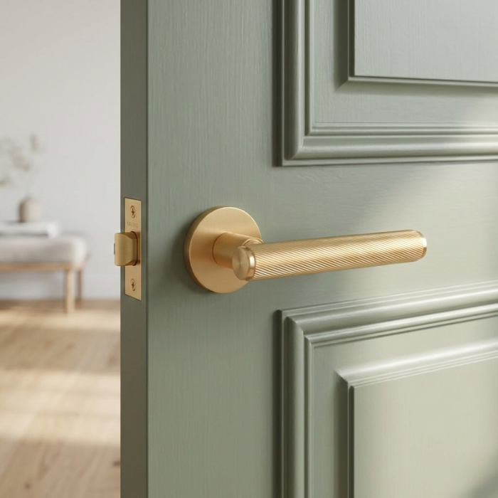 Kerria - Matt Gold Sleek internal door handles in a matt gold finish, highlighting the Kerria handle on a round rosette installed on a green panelled door.