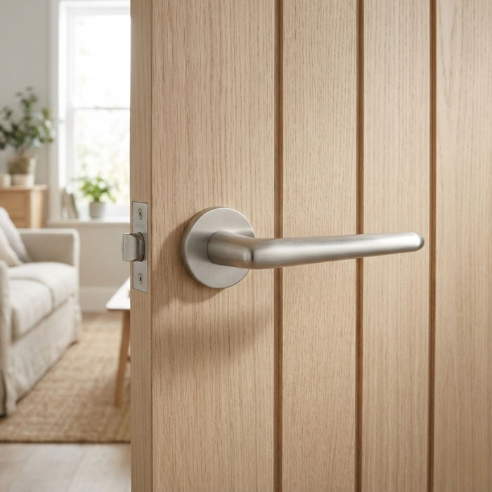 Lavanda - Satin Nickel Designer round internal door handles – Lavanda on Round Rosette in sleek satin nickel displayed on a pale timber internal door.