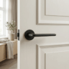 Lira on Round Rosette in matt black, showcasing luxury round internal door handles on an off-white panelled door.