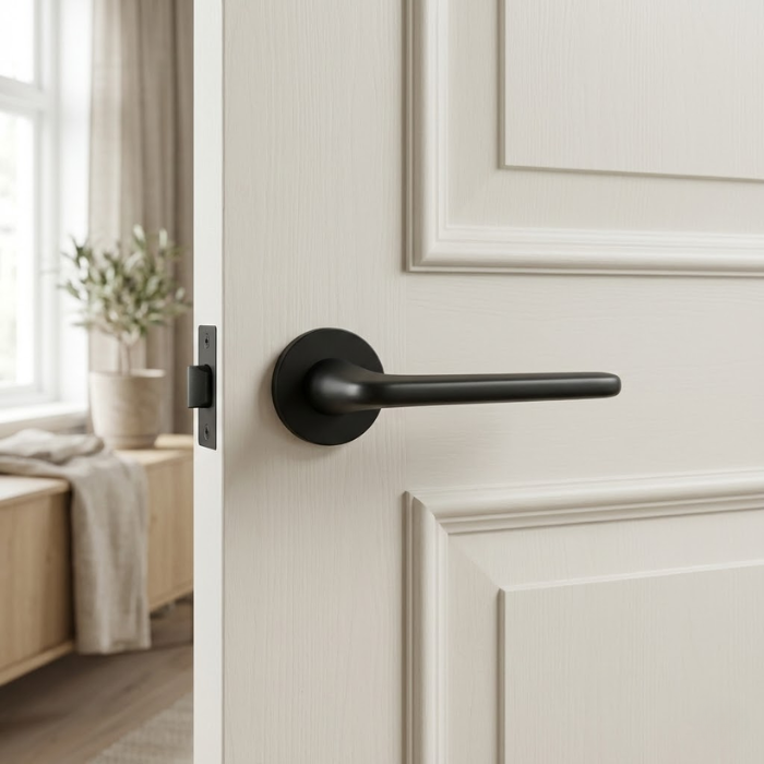 Lira - Matt Black Lira on Round Rosette in matt black, showcasing luxury round internal door handles on an off-white panelled door.