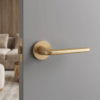 Lira on Round Rosette in matt gold, featuring luxury round internal door handles on a modern grey interior door.