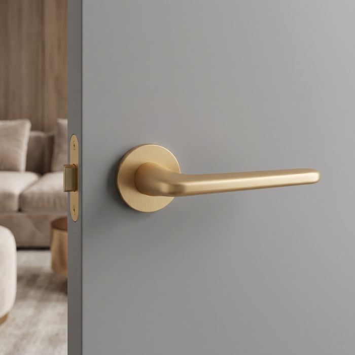 Lira - Matt Gold Lira on Round Rosette in matt gold, featuring luxury round internal door handles on a modern grey interior door.
