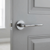 Lira on Round Rosette in polished chrome, highlighting luxury round internal door handles on a light grey panel door.
