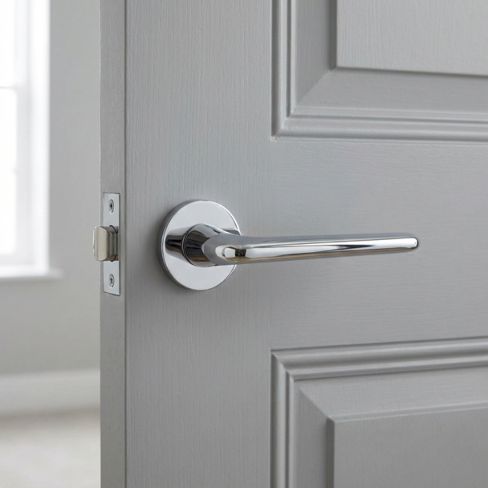 Lira - Polished Chrome Lira on Round Rosette in polished chrome, highlighting luxury round internal door handles on a light grey panel door.