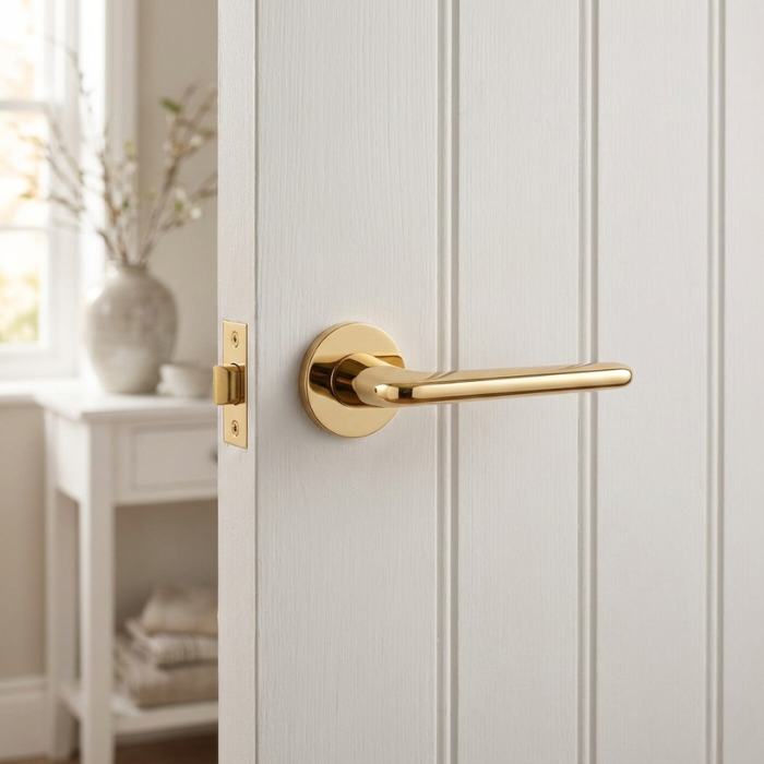 Lira - Polished Gold Lira on Round Rosette in polished gold, presenting luxury round internal door handles on a white cottage-style door.