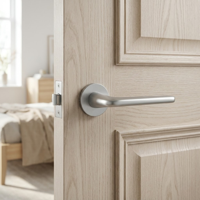 Lira - Satin Chrome Lira on Round Rosette in satin chrome, displaying luxury round internal door handles on a light oak interior door.