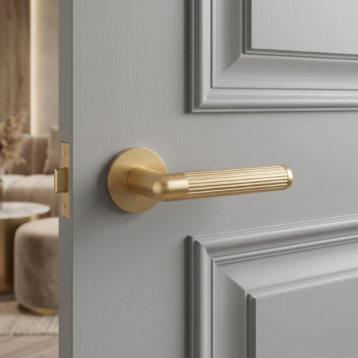 Lobelia - Matt Gold Lobelia on Round Rosette in matt gold, featuring modern round internal door handles on a soft grey panelled door.