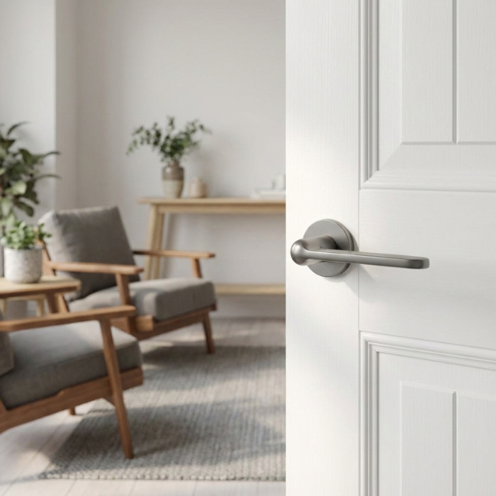 Lorenza - Graphite Lorenza on Round Rosette refined internal door handle in a smooth graphite finish, installed on a white panel door in a modern living space.