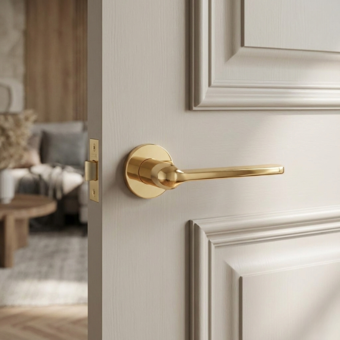 Lorenza - Polished Gold Lorenza on Round Rosette refined internal door handle in a luxurious polished gold finish, fitted to a light panelled door in an elegant interior.