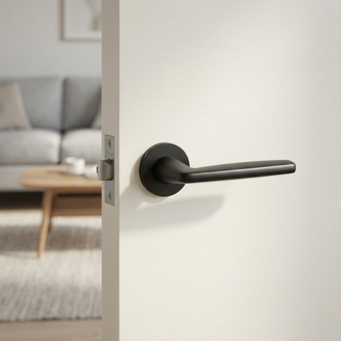 Luna - Matt Black Luna on Round Rosette in matt black, showcasing contemporary round internal door handles on a modern white door.