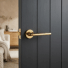 Luna on Round Rosette in PVD gold, elegant contemporary round internal door handles fitted to a dark timber door.