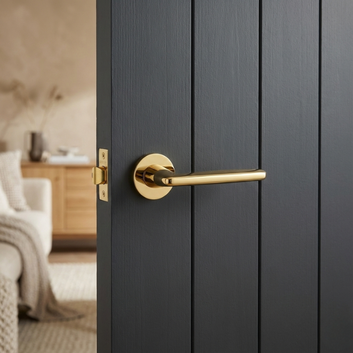 Luna - PVD Gold Luna on Round Rosette in PVD gold, elegant contemporary round internal door handles fitted to a dark timber door.