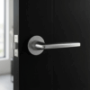 Luna on Round Rosette in satin chrome, minimalist contemporary round internal door handles on a black modern interior door.