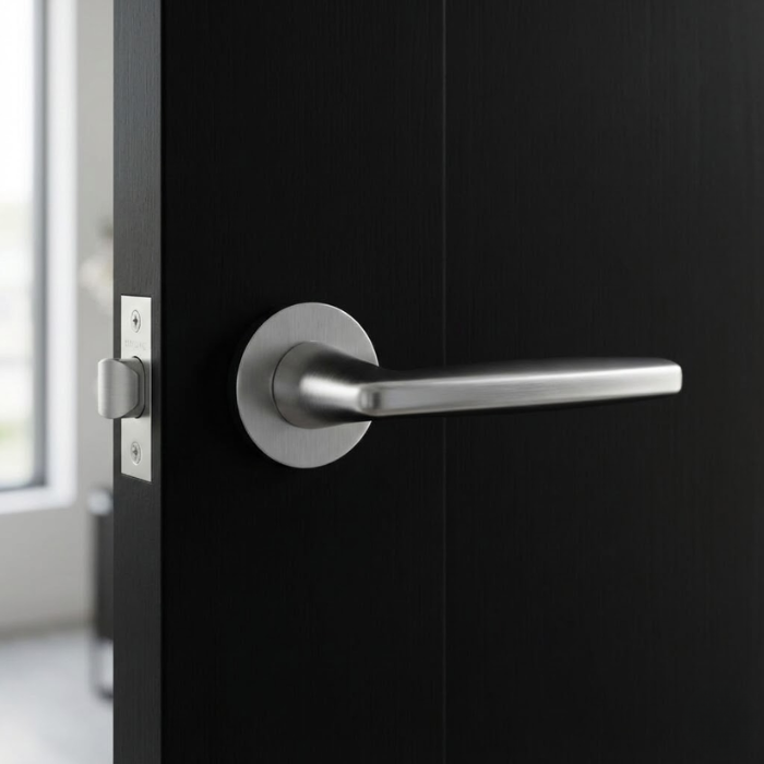 Luna - Satin Chrome Luna on Round Rosette in satin chrome, minimalist contemporary round internal door handles on a black modern interior door.