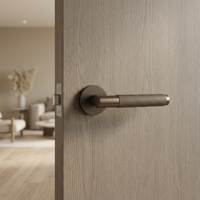 Molinia - Brown Molinia on Round Rosette brown door handle fitted to a warm wood grain door, emphasising understated round door handles for contemporary homes.