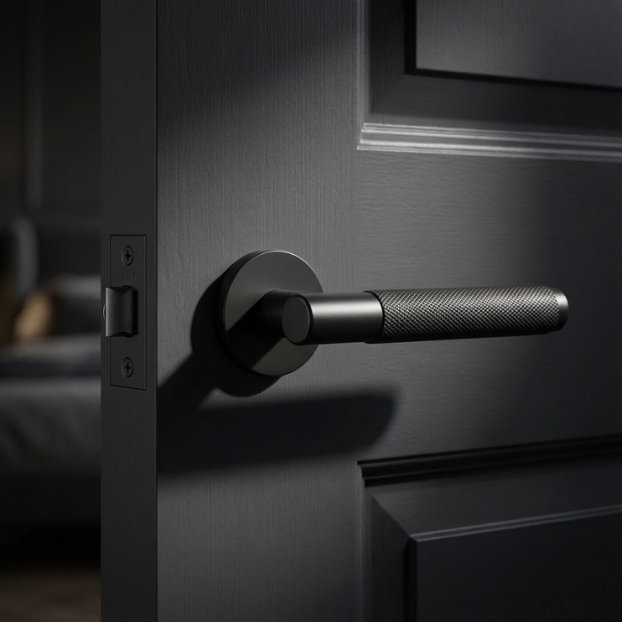 Molinia - Matt Black Molinia on Round Rosette in matt black on a dark interior door, capturing the look of understated round door handles with modern texture.