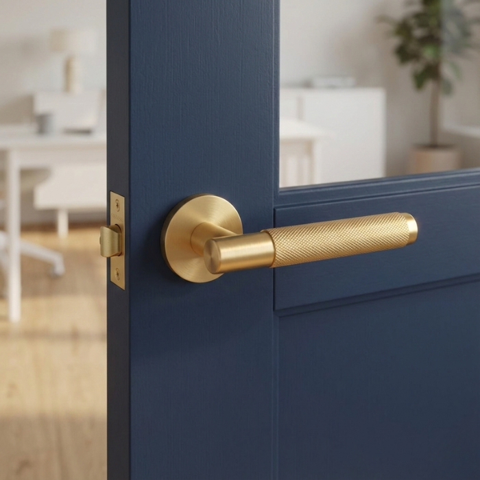 Molinia - Matt Gold Molinia on Round Rosette matt gold handle on a deep navy door, presenting understated round door handles with premium knurled detailing.