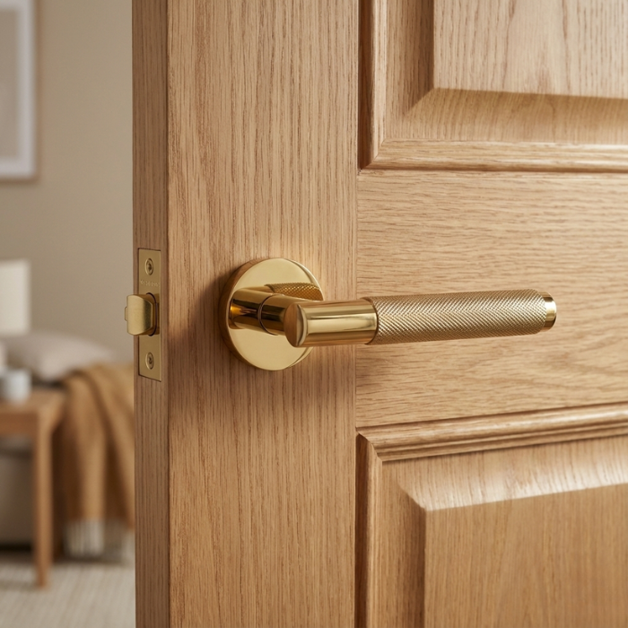 Molinia - PVD Gold Molinia on Round Rosette in PVD gold finish, showcasing understated round door handles on a natural oak interior door.