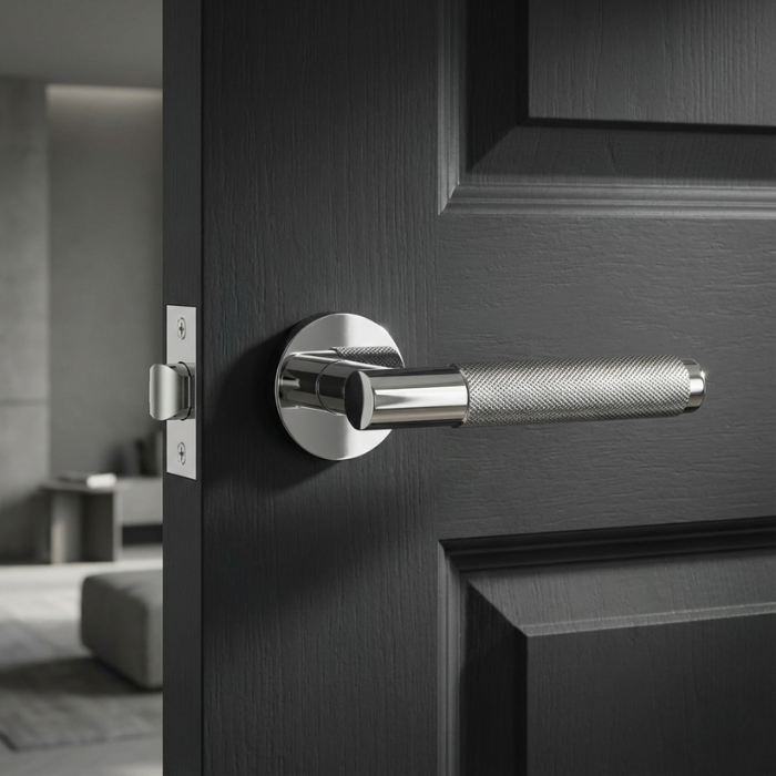 Molinia - Polished Chrome Molinia on Round Rosette polished chrome handle on a dark wood door, reflecting the clean style of understated round door handles.