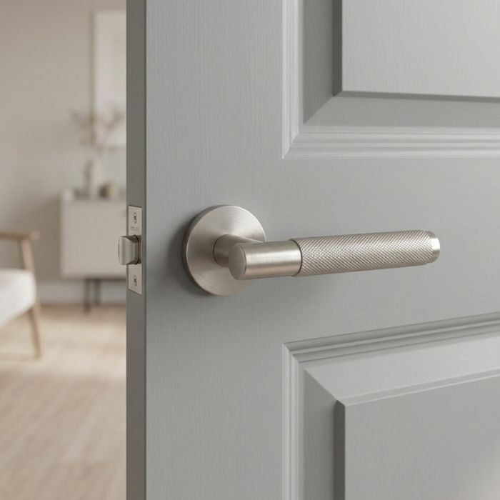 Molinia - Satin Nickel Molinia on Round Rosette satin nickel handle displayed on a soft grey door, highlighting understated round door handles for modern interiors.