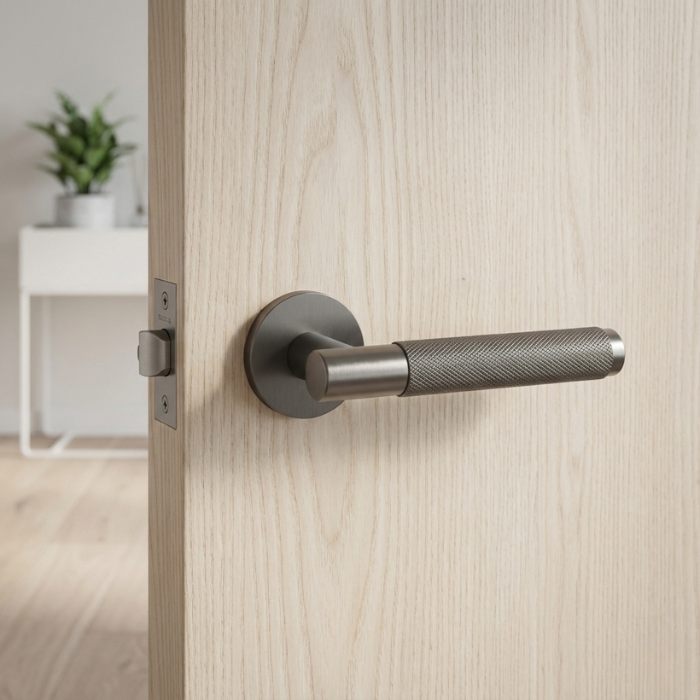 Molinia - Titanium Molinia on Round Rosette titanium handle on a light wood door, featuring understated round door handles with textured grip.