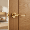 Nerina on Round Rosette sculpted internal door handles in luxurious PVD gold, installed on an oak internal door.