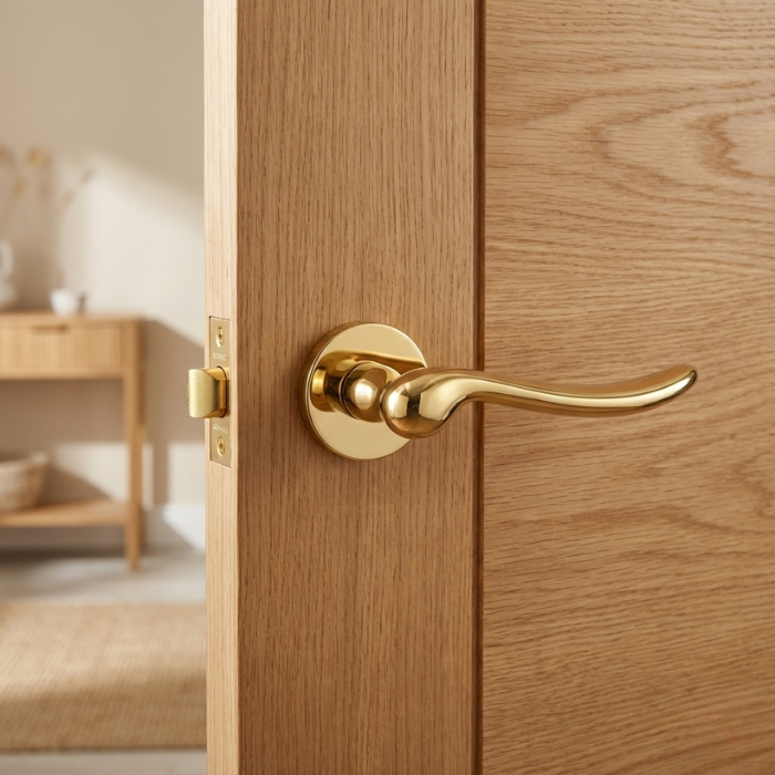 Nerina - PVD Gold Nerina on Round Rosette sculpted internal door handles in luxurious PVD gold, installed on an oak internal door.