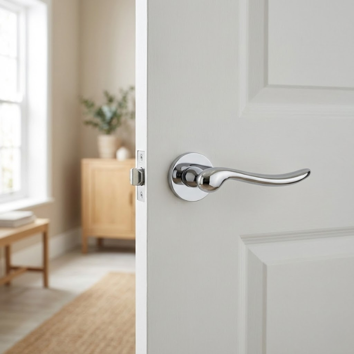 Nerina - Polished Chrome Nerina on Round Rosette sculpted internal door handles in polished chrome, fitted to a white panel door in a bright modern room.