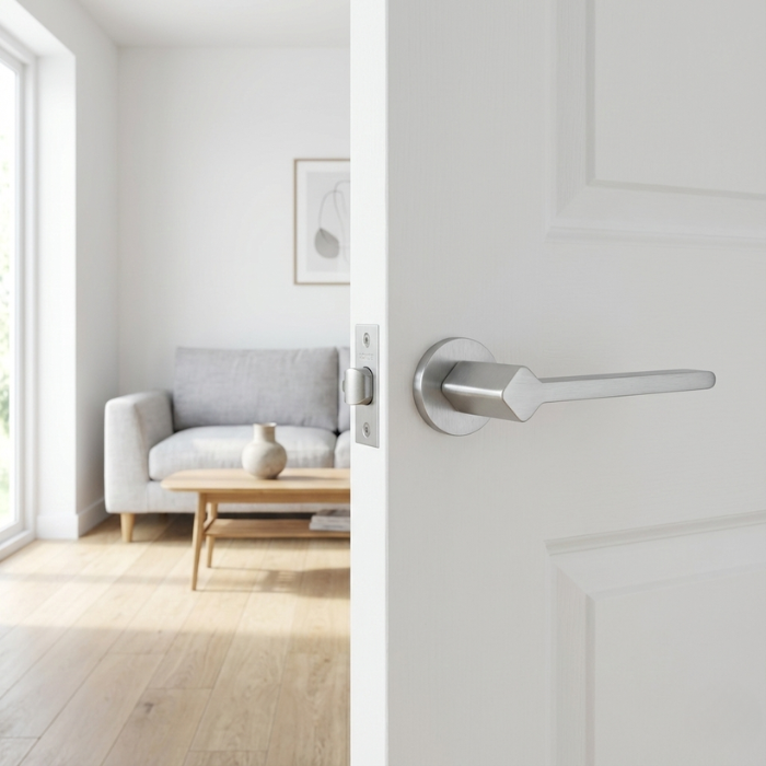Ninfea on Round Rosette- Satin Chrome Delicate round internal door handles – Ninfea on Round Rosette in satin chrome, shown on a white internal door in a minimal contemporary living space.