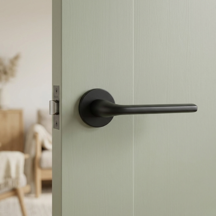 Oleandro - Matt Black Matt black Oleandro on Round Rosette shown on a light green door, highlighting the sleek shape of these versatile round internal door handles.